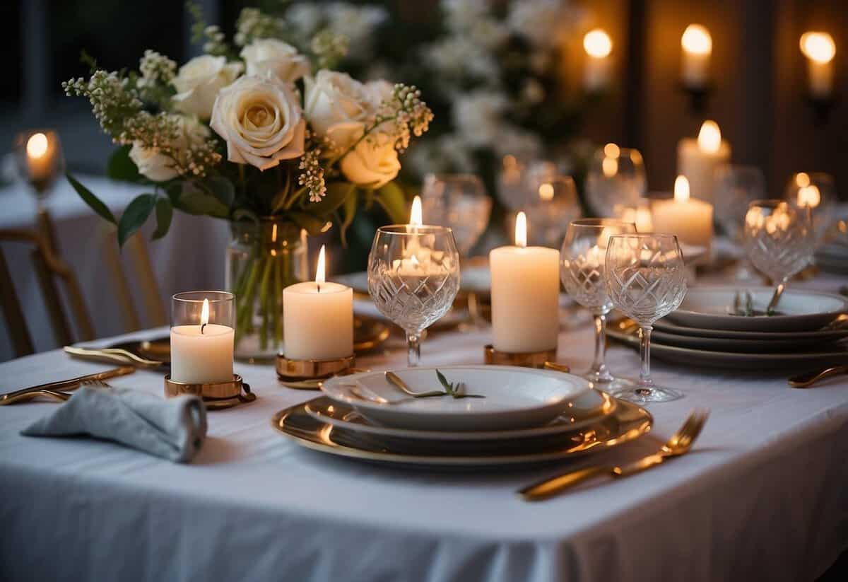A table set with candles, flowers, and elegant dinnerware. Soft lighting creates a romantic atmosphere for a small wedding celebration