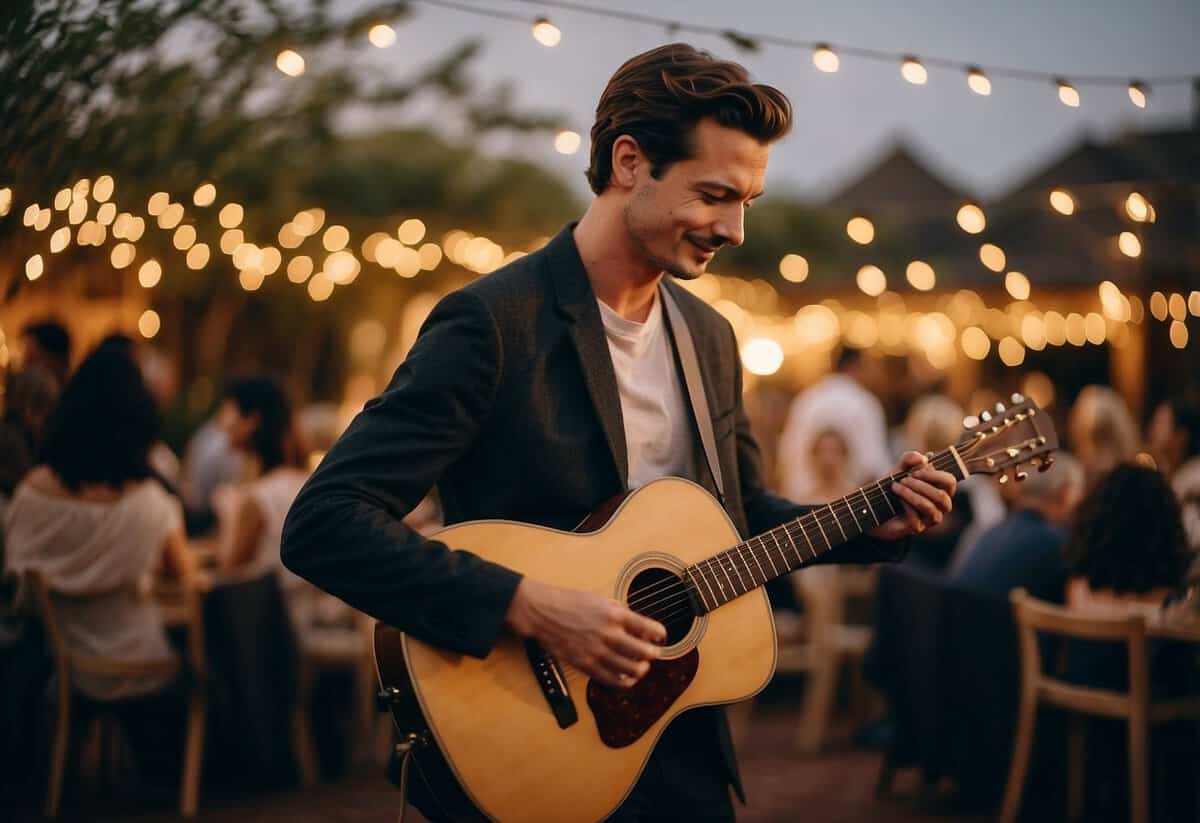 A guitarist strums softly, serenading a small wedding party with live acoustic music. Tables are adorned with delicate flowers, and the warm glow of string lights creates a cozy atmosphere