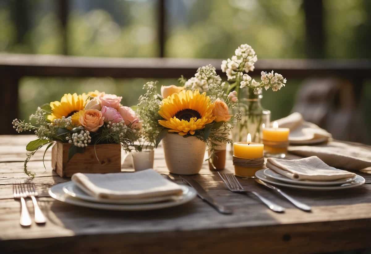 Colorful handmade favors arranged on a rustic table with delicate flowers and natural light
