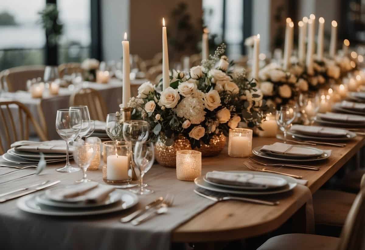 A long table set with elegant place settings and platters of food, surrounded by chairs and adorned with flowers