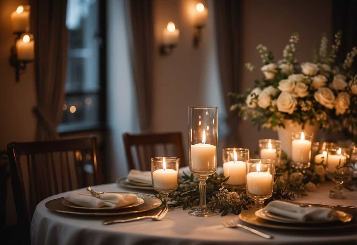 A cozy, candlelit room with soft, warm lighting. A small, elegant table set for an intimate wedding dinner. Delicate floral arrangements and flickering candles create a romantic atmosphere