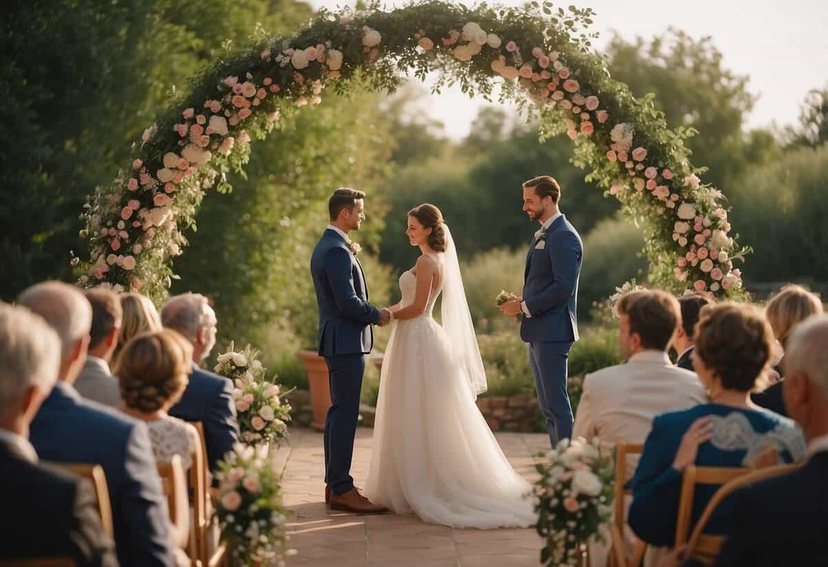 A couple stands under a floral arch, exchanging vows. Guests sit in a circle around them, creating an intimate and personal atmosphere