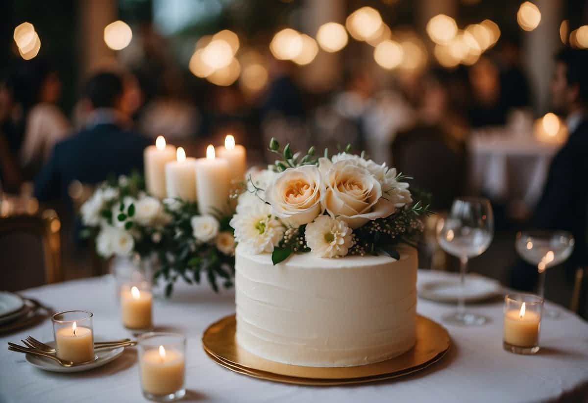 Guests enjoy intimate wedding with cozy seating, soft lighting, and personalized touches. A small, elegant cake sits on a decorated table
