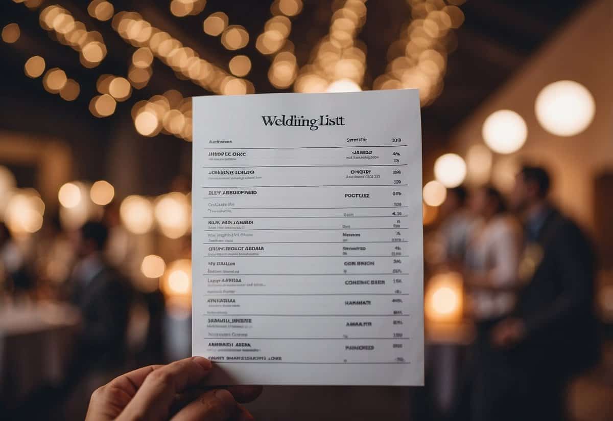 Wedding guest list organized into categories: family, friends, colleagues