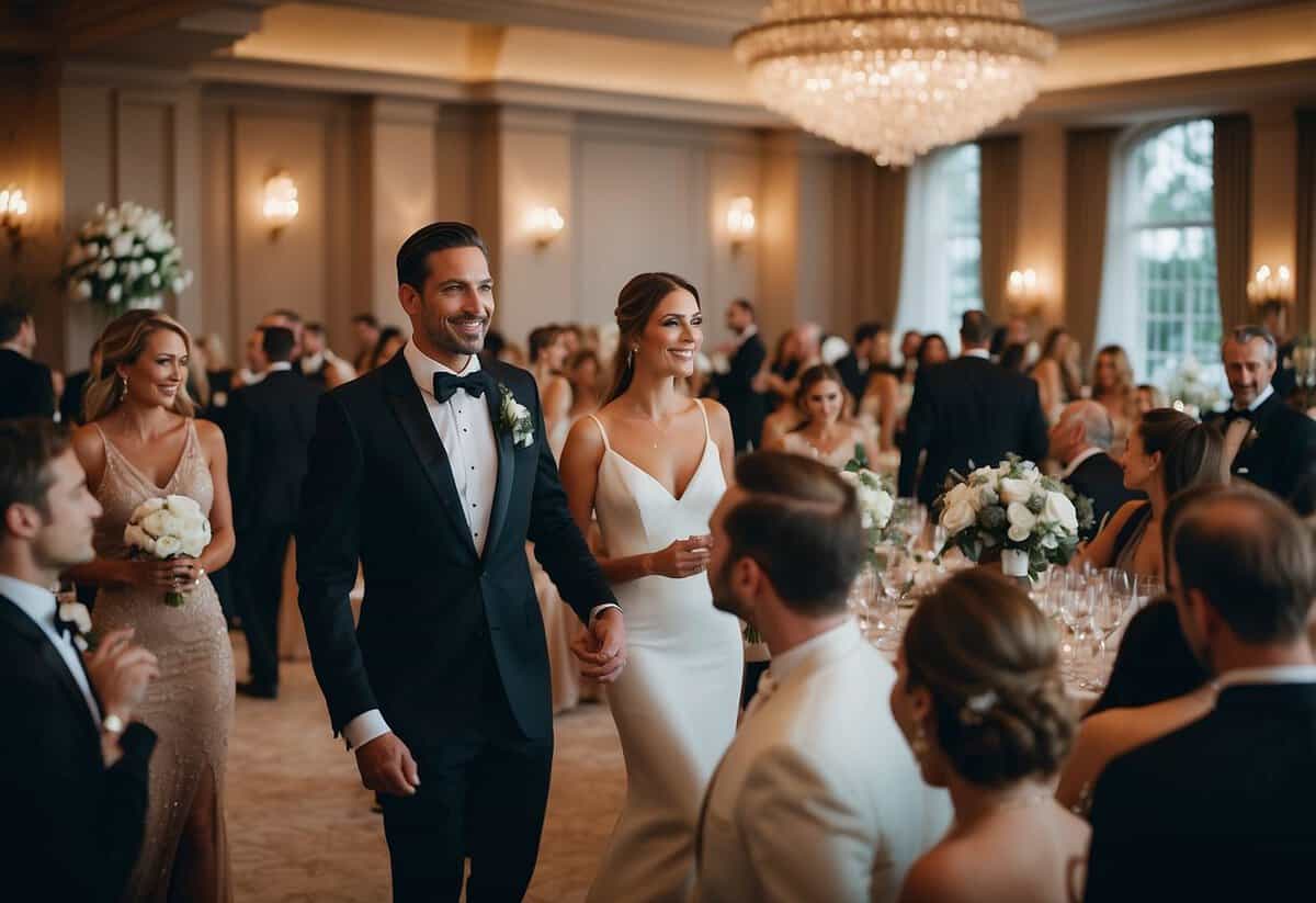 A bustling wedding reception with A-List guests mingling in the center, while B-List guests chat on the outskirts. The A-List guests are surrounded by luxury and elegance, while the B-List guests are in a more casual setting