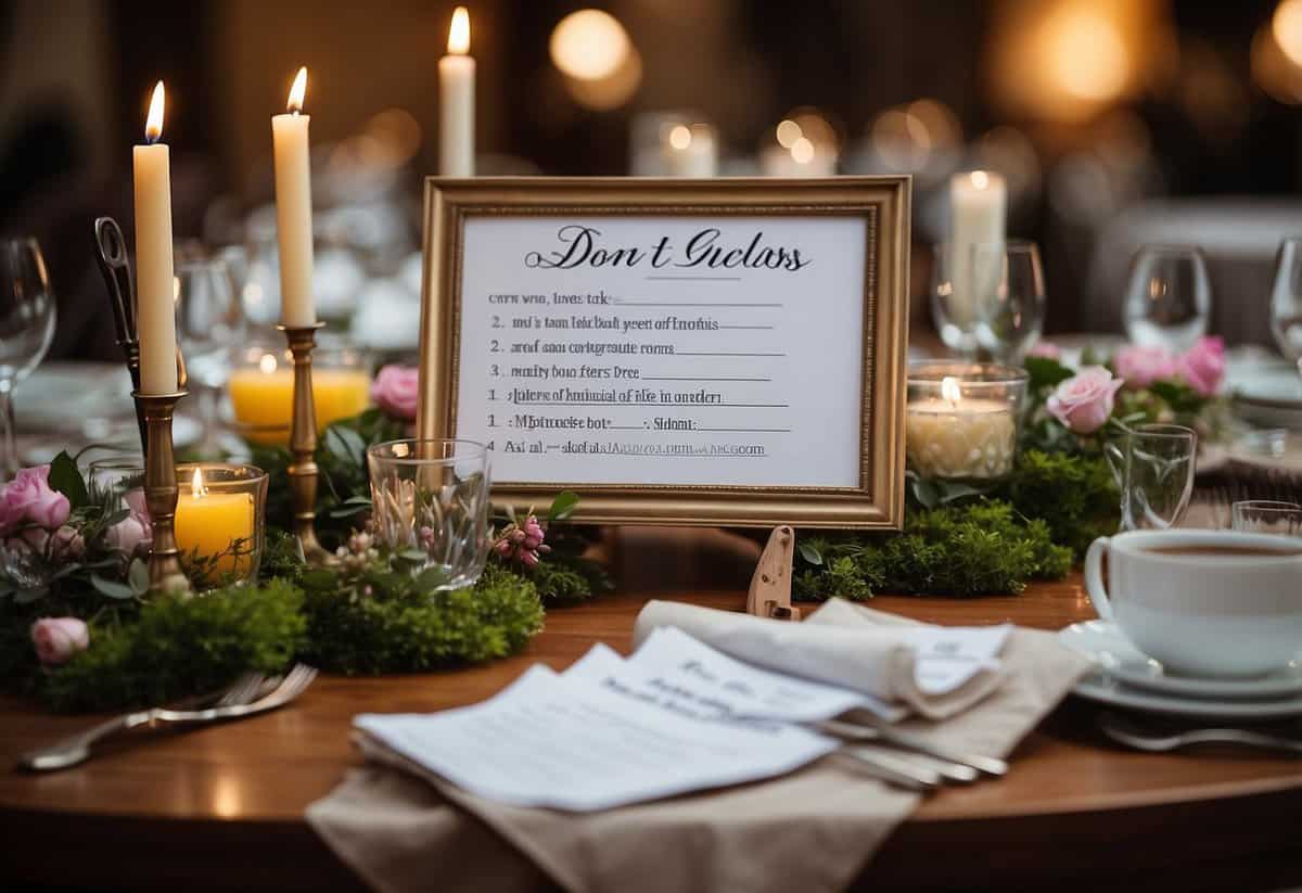 A table with a neatly organized list of wedding guests, surrounded by colorful pens and a "Don't Forget Vendors" sign