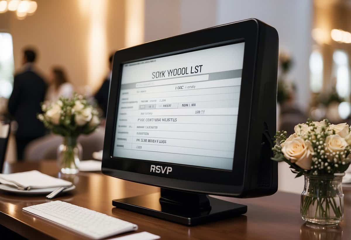 A computer monitor displaying an RSVP wedding guest list with tips