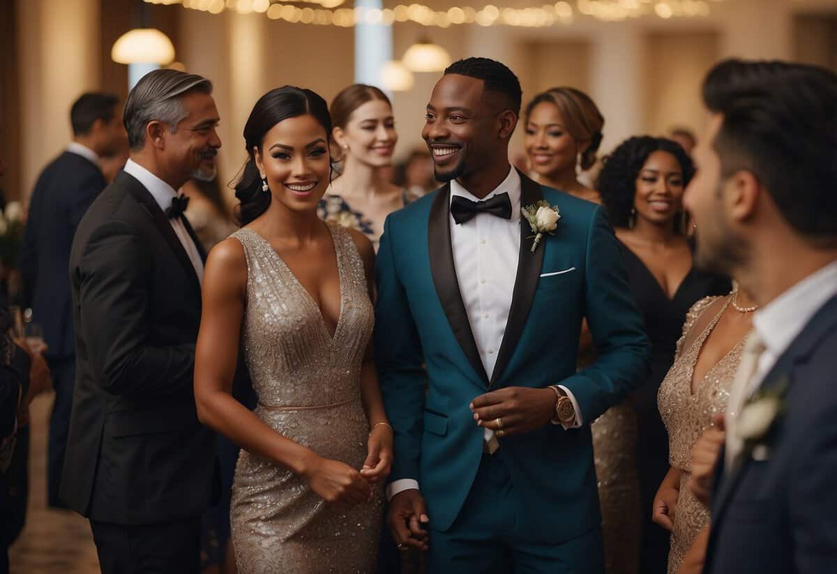 A diverse group of elegantly dressed individuals mingle and converse in a beautifully decorated venue, setting the tone for a sophisticated and inclusive wedding celebration