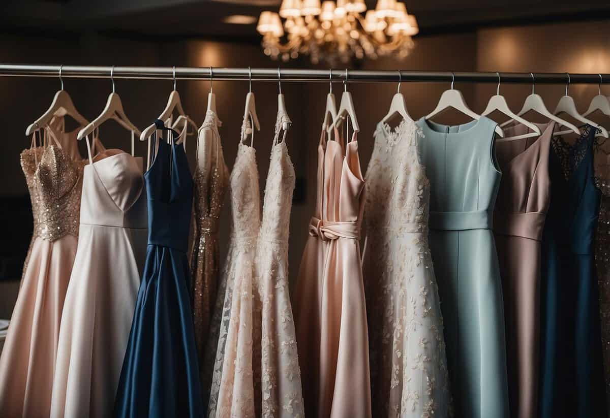 A table displaying various wedding guest outfit options, including dresses, suits, and accessories