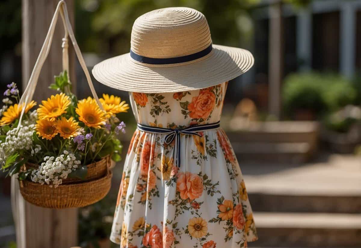 A floral sundress hangs on a hanger, surrounded by delicate accessories like a straw hat, sandals, and a small clutch purse