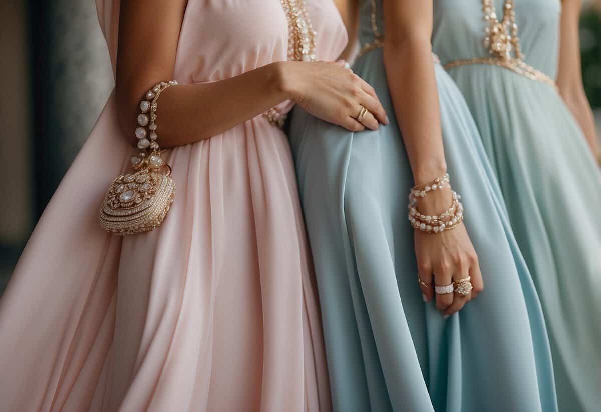 A flowing maxi dress in soft pastel colors, accessorized with delicate jewelry and a stylish clutch