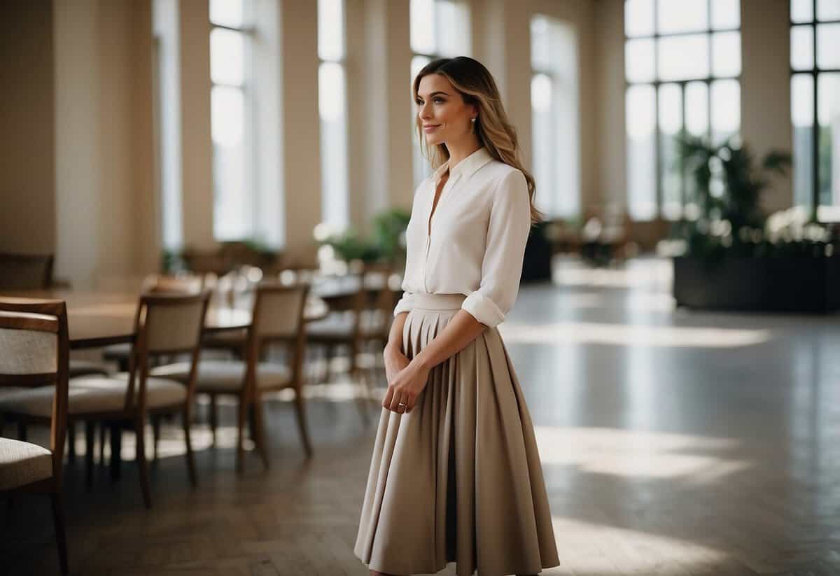 A woman wearing a sophisticated midi skirt, paired with a chic blouse and elegant heels, standing in a stylish wedding venue