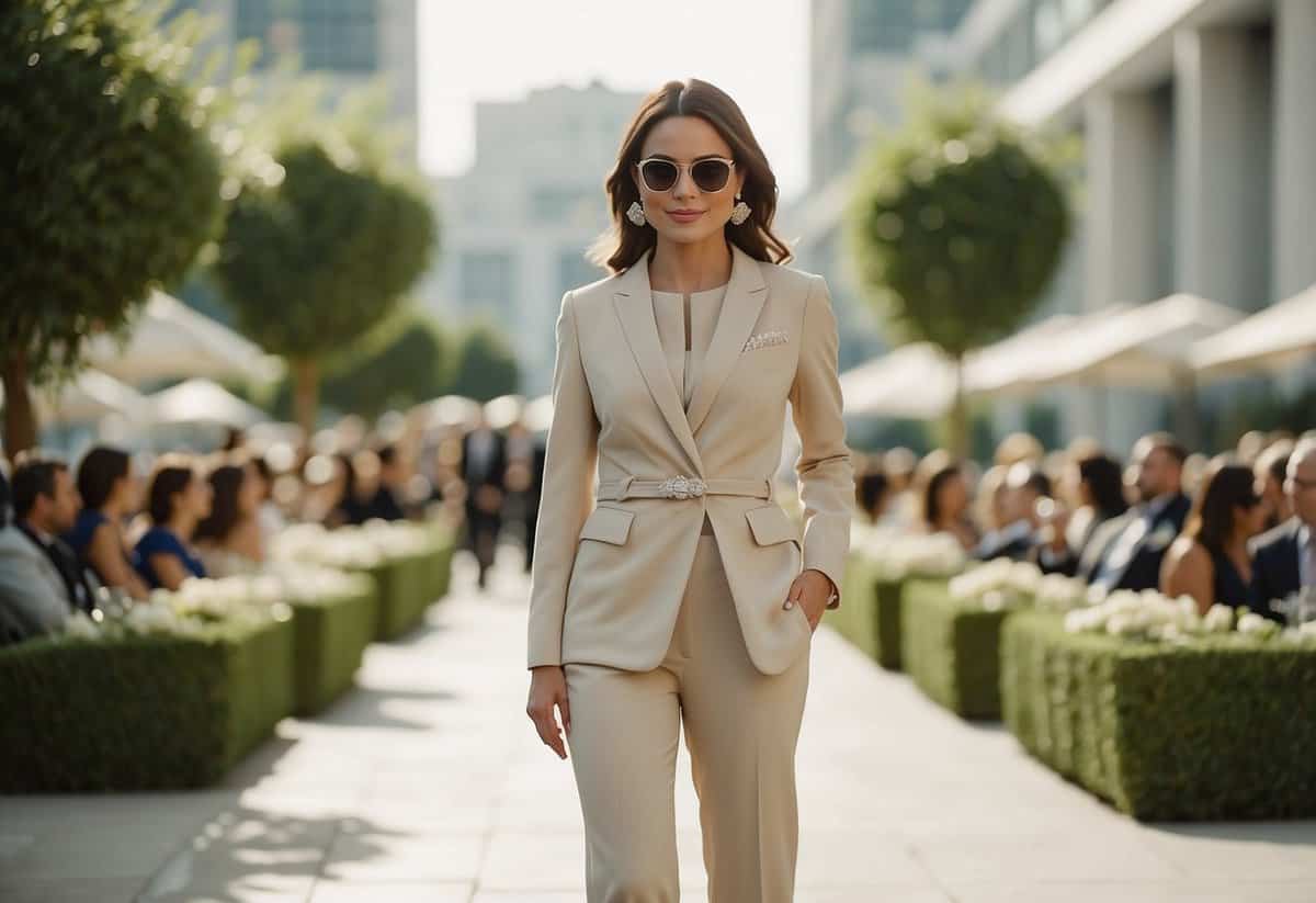 A chic pantsuit in a neutral color, paired with statement accessories and elegant heels, stands out at a sophisticated wedding event