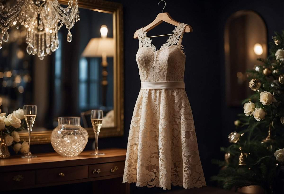 A lace cocktail dress hangs on a hanger, surrounded by sparkling jewelry and elegant heels