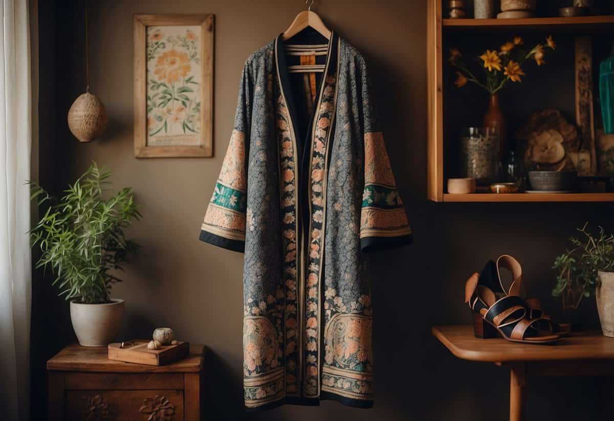A bohemian kimono hangs on a vintage coat rack, surrounded by eclectic accessories and a pair of embroidered sandals