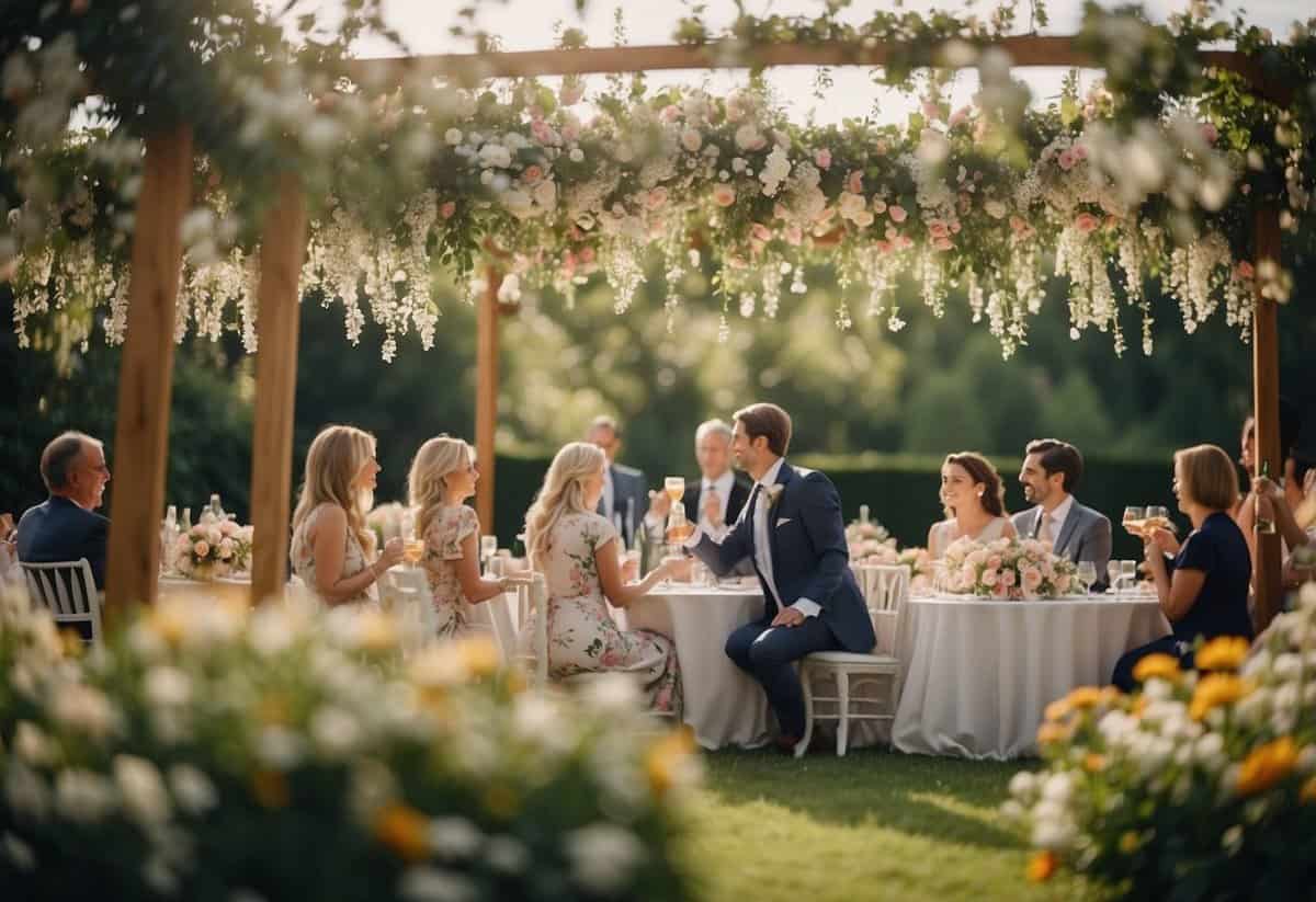 A garden wedding with guests in floral dresses and light suits, sipping champagne and mingling under a canopy of blooming flowers