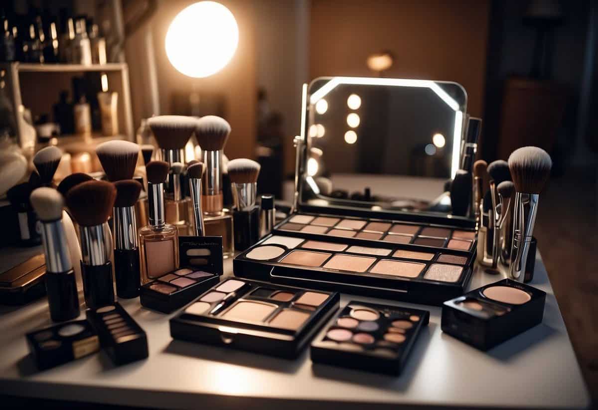 A makeup artist's table with various brushes, palettes, and products arranged neatly. A mirror reflects soft lighting and a wedding dress hung in the background