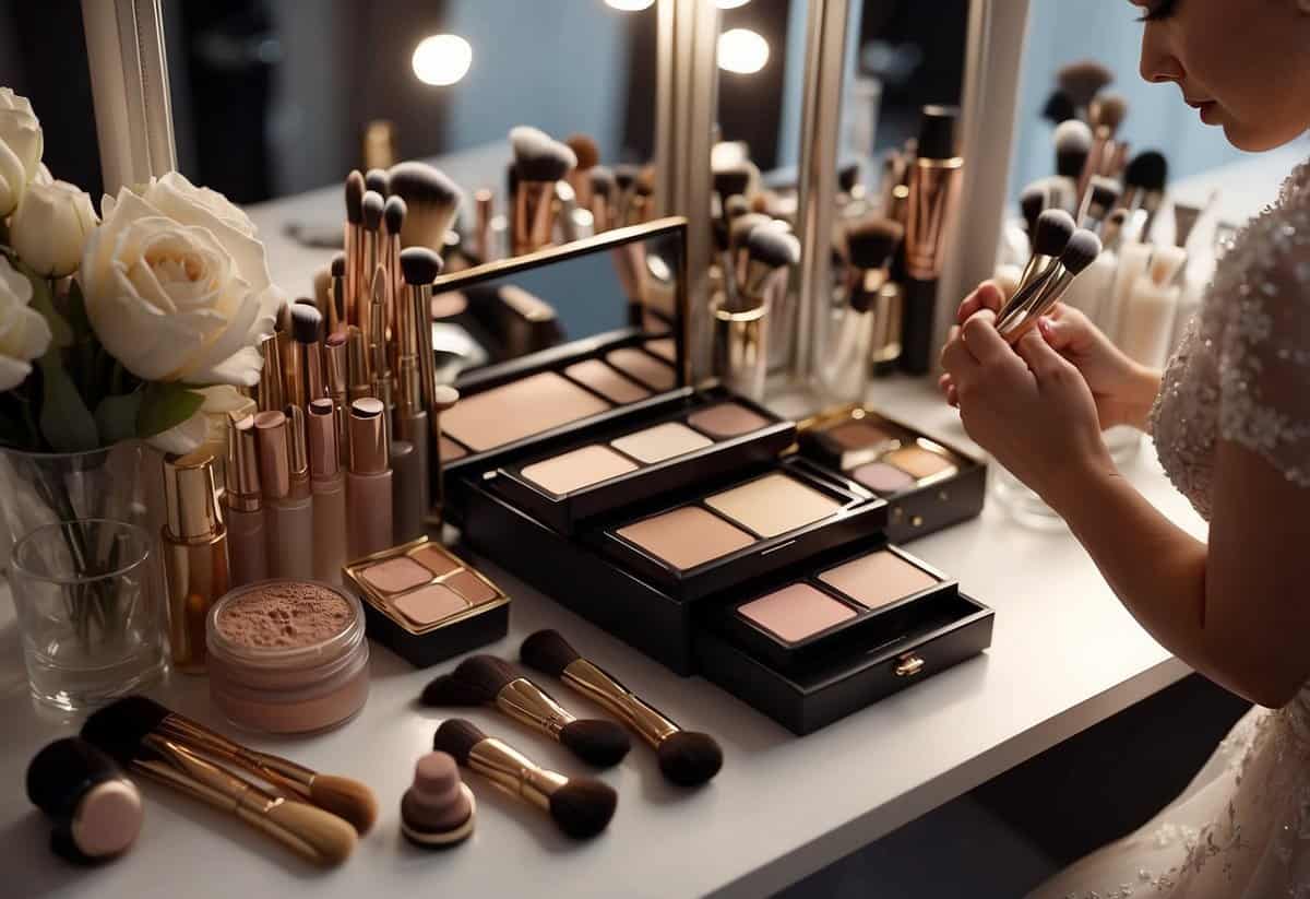 A bride's makeup table with long-wearing foundation, brushes, and a mirror. Makeup artist's hands expertly applying foundation for a wedding look
