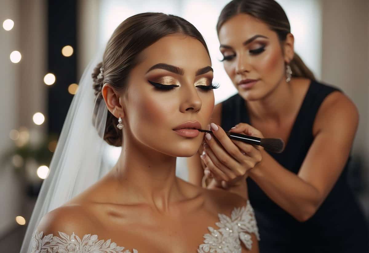 A makeup artist applies matte finish tips to a wedding makeup look