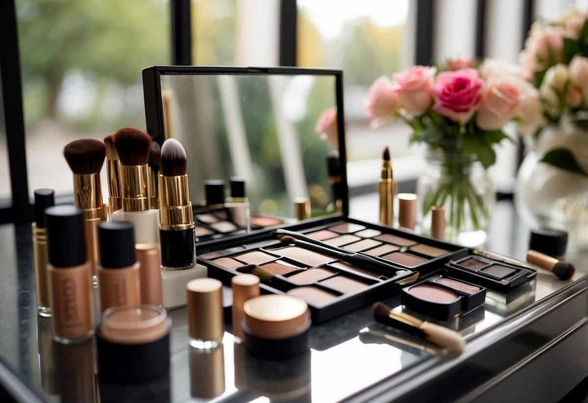 A bride's makeup products arranged neatly with a mirror, brushes, and a palette of natural tones. A "Smartly tips for wedding makeup" sign displayed prominently