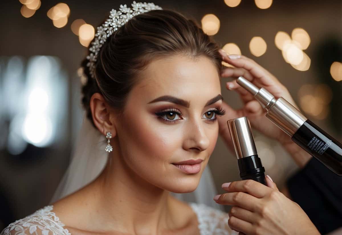 A bride's makeup artist sprays setting spray over her finished wedding look, ensuring long-lasting and flawless makeup for the special day