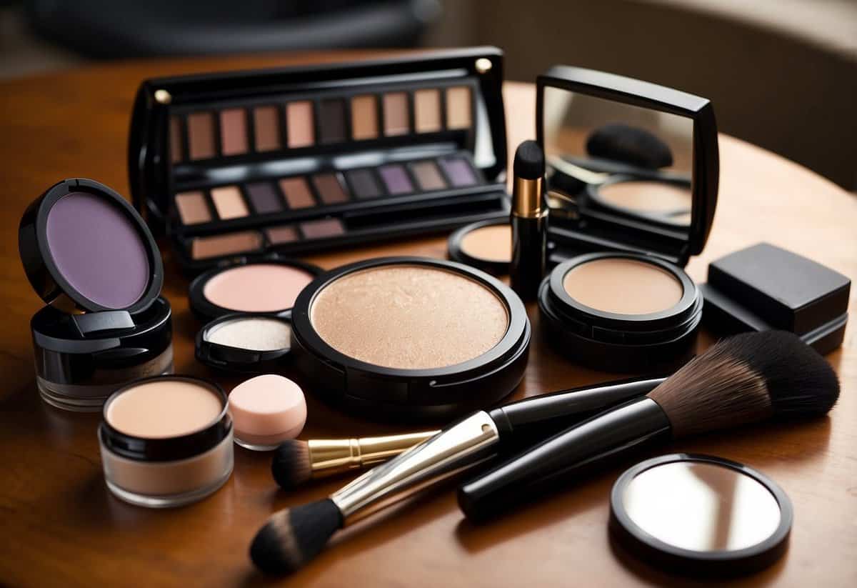 A table with various makeup products and tools laid out for testing. Mirrors and good lighting provided for accurate assessment