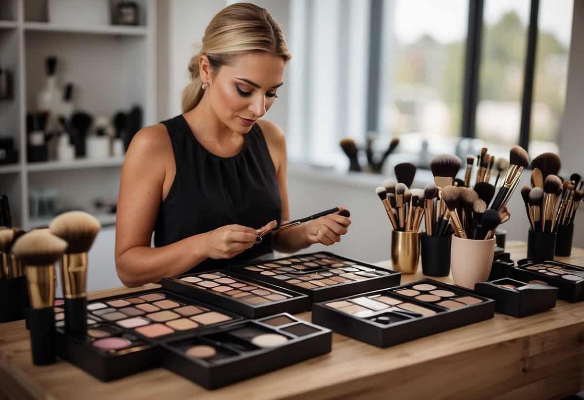 A makeup artist arranges brushes and palettes on a clean, organized table. A soft, natural light illuminates the space, creating a serene and focused atmosphere