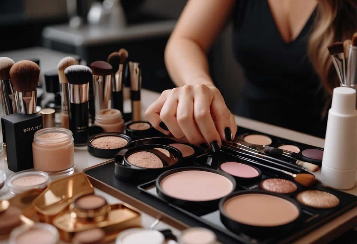 A makeup artist applies foundation, blush, and eyeshadow with precision for a bride's wedding day. Brushes and palettes are neatly arranged on a clean, well-lit table