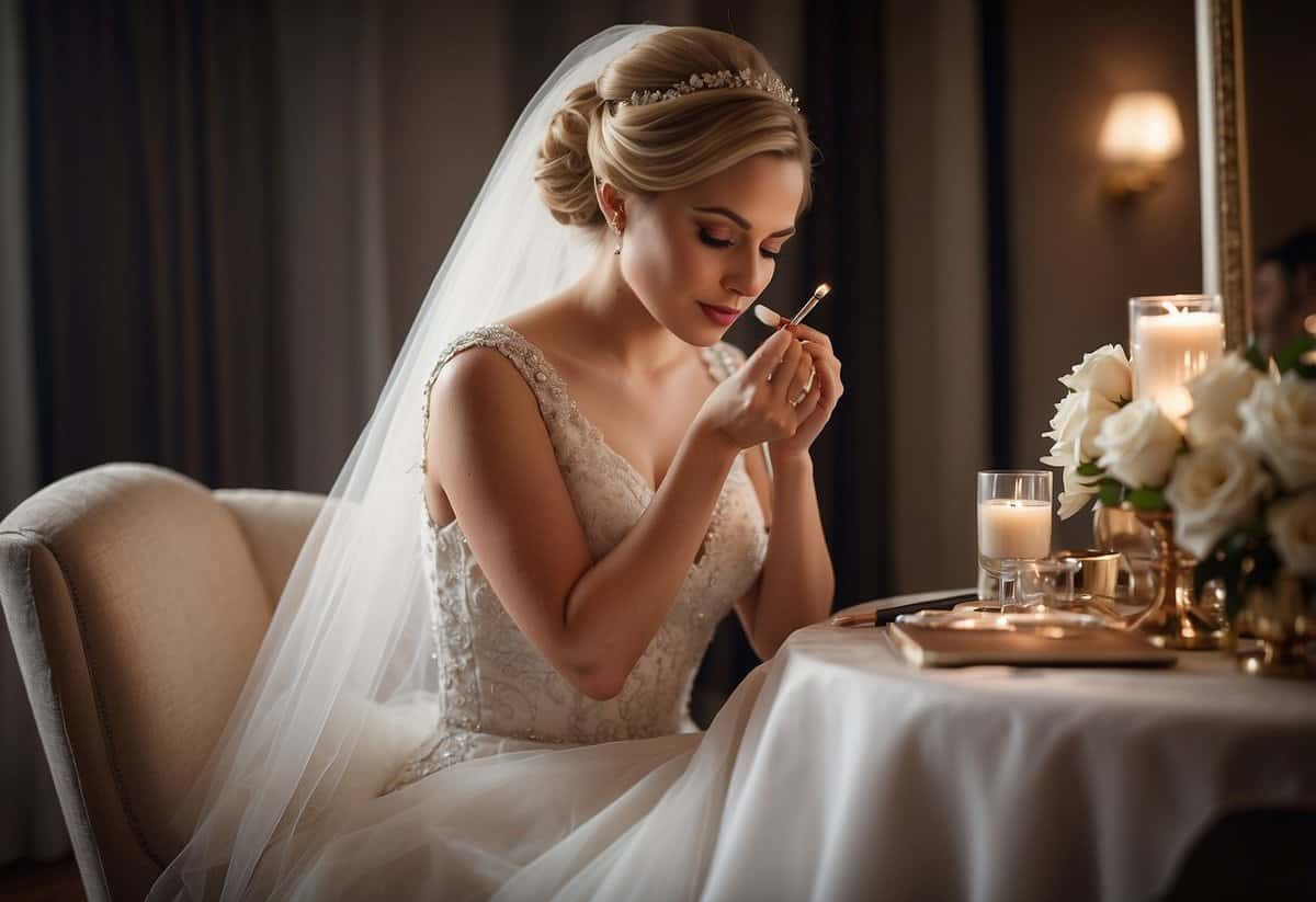 A bride sits at a vanity, carefully applying makeup. She studies a list of "Avoiding Common Mistakes" tips for wedding makeup