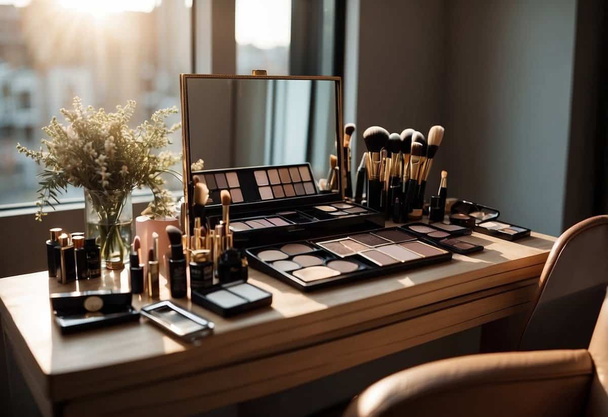 A table with makeup products and brushes, a mirror, and a comfortable chair. Natural light illuminates the space