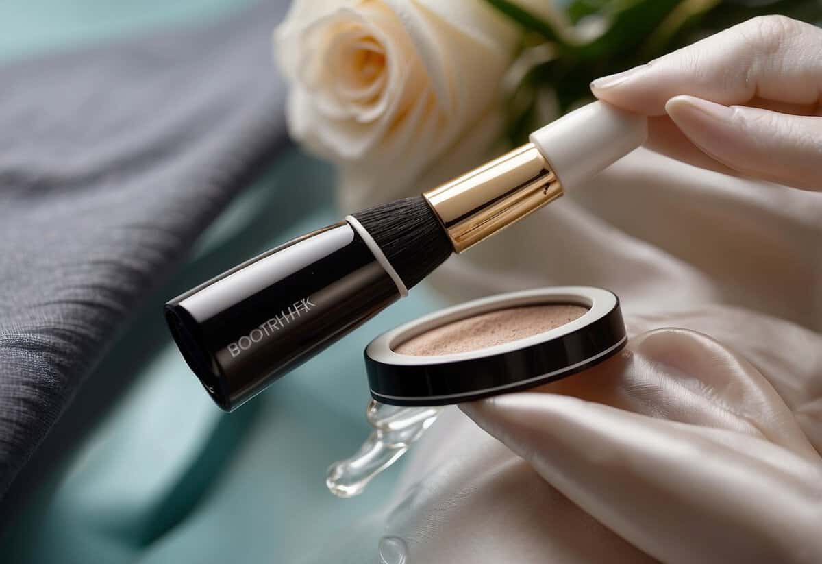 A hand holding a waterproof mascara wand, with a tear rolling down a cheek. A makeup brush and palette nearby, with a wedding veil in the background