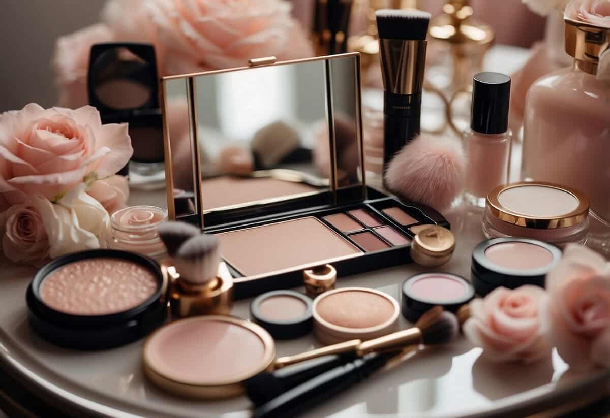 A table with makeup products, a mirror, and a brush. A palette of soft pink blush, a bride's hand reaching for it