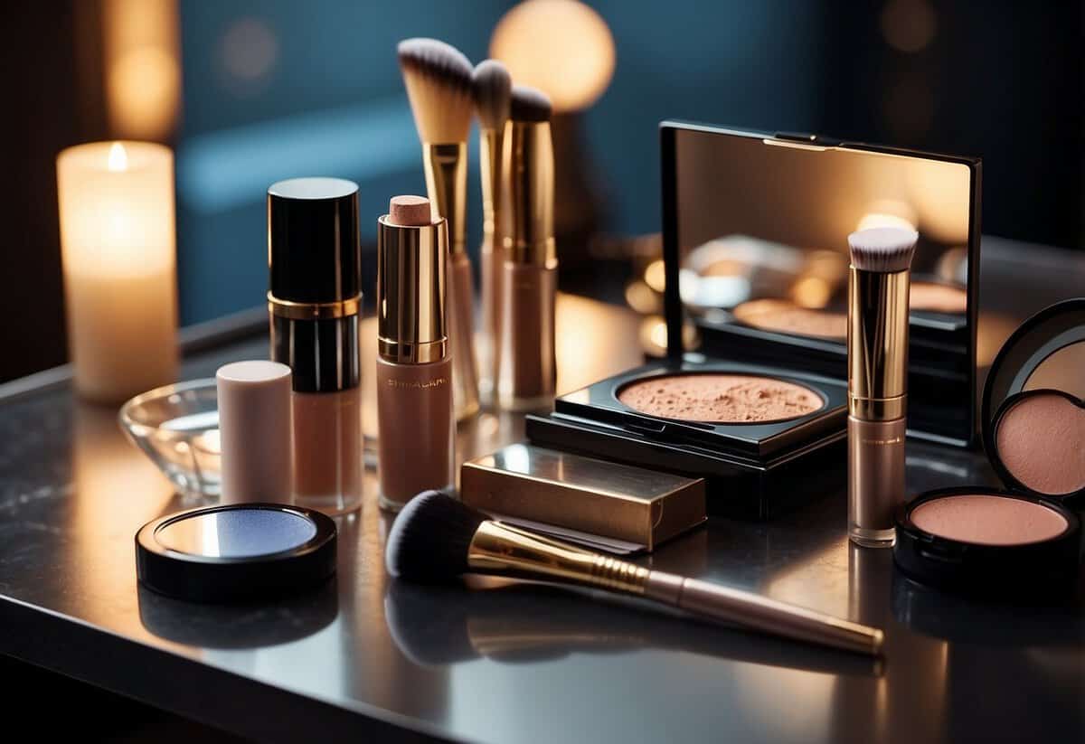 A table with makeup products and a mirror, with a highlighter and brush, emitting a radiant glow