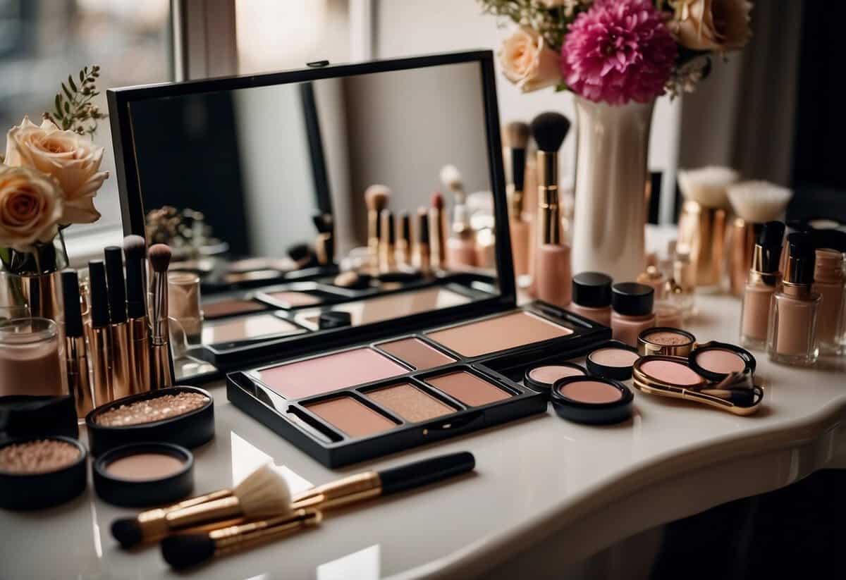 A table with various makeup products neatly arranged, a mirror, and a brush set. A bridal magazine open to a page with makeup tips