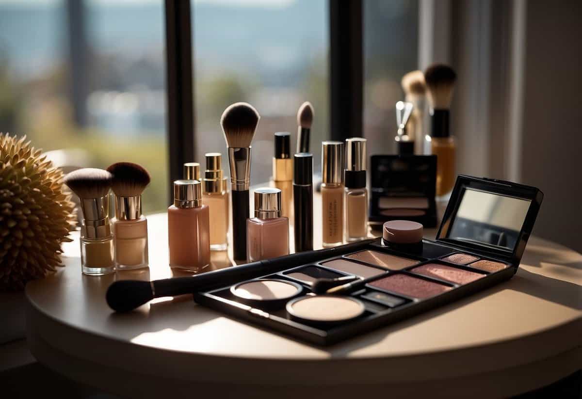 A table with makeup products neatly arranged, a mirror, and a brush in hand. Light from a window illuminates the scene