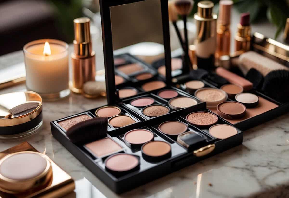 A table with various makeup products laid out neatly, including foundation, eyeshadow palette, lipstick, and brushes. A mirror reflects the products, with a wedding invitation nearby