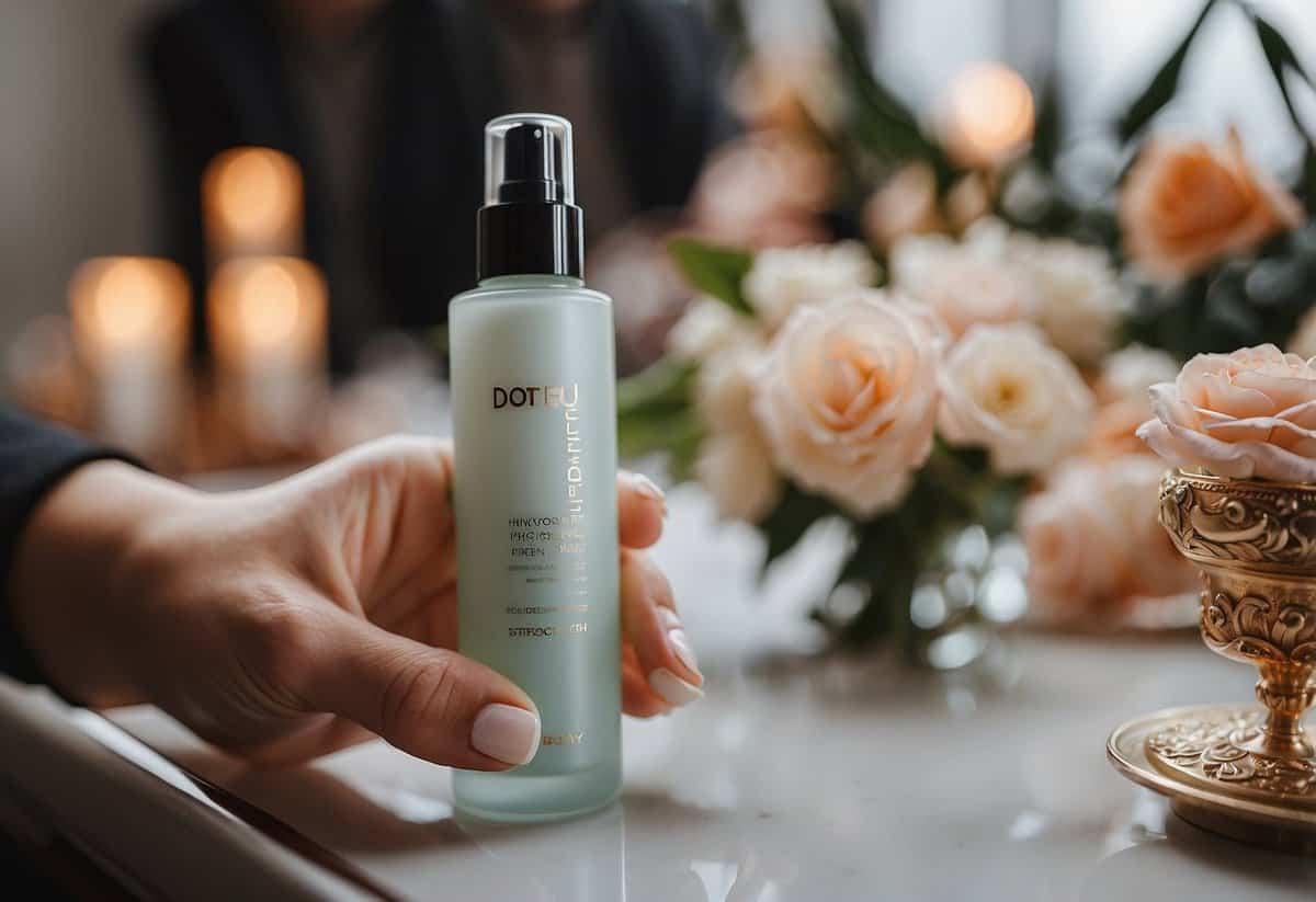A hand holding a tube of hydrating primer, surrounded by wedding guest attire and accessories