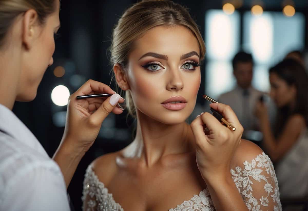 A bride getting her makeup done, with focus on highlighting cheekbones, eyes, and lips for a wedding guest