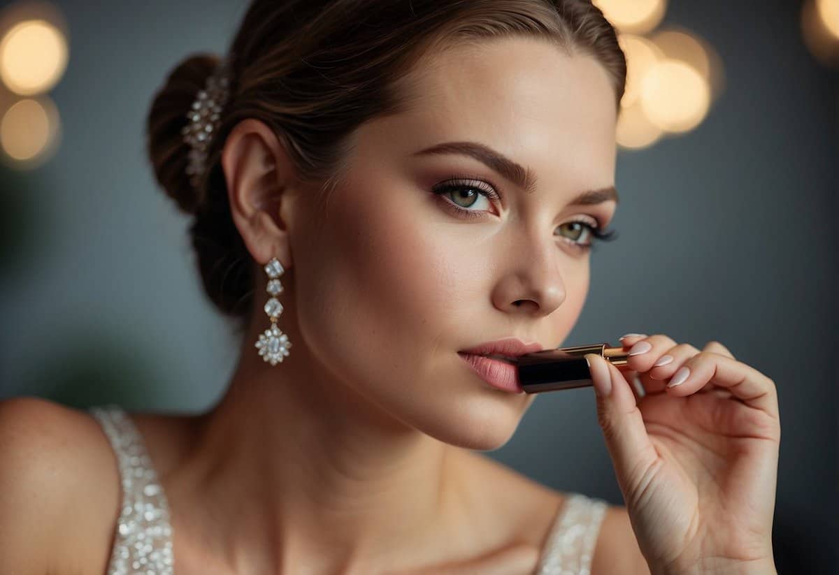 A hand holding a soft, matte lipstick, applying it to a pair of lips. A wedding guest's makeup routine captured in a simple yet elegant illustration