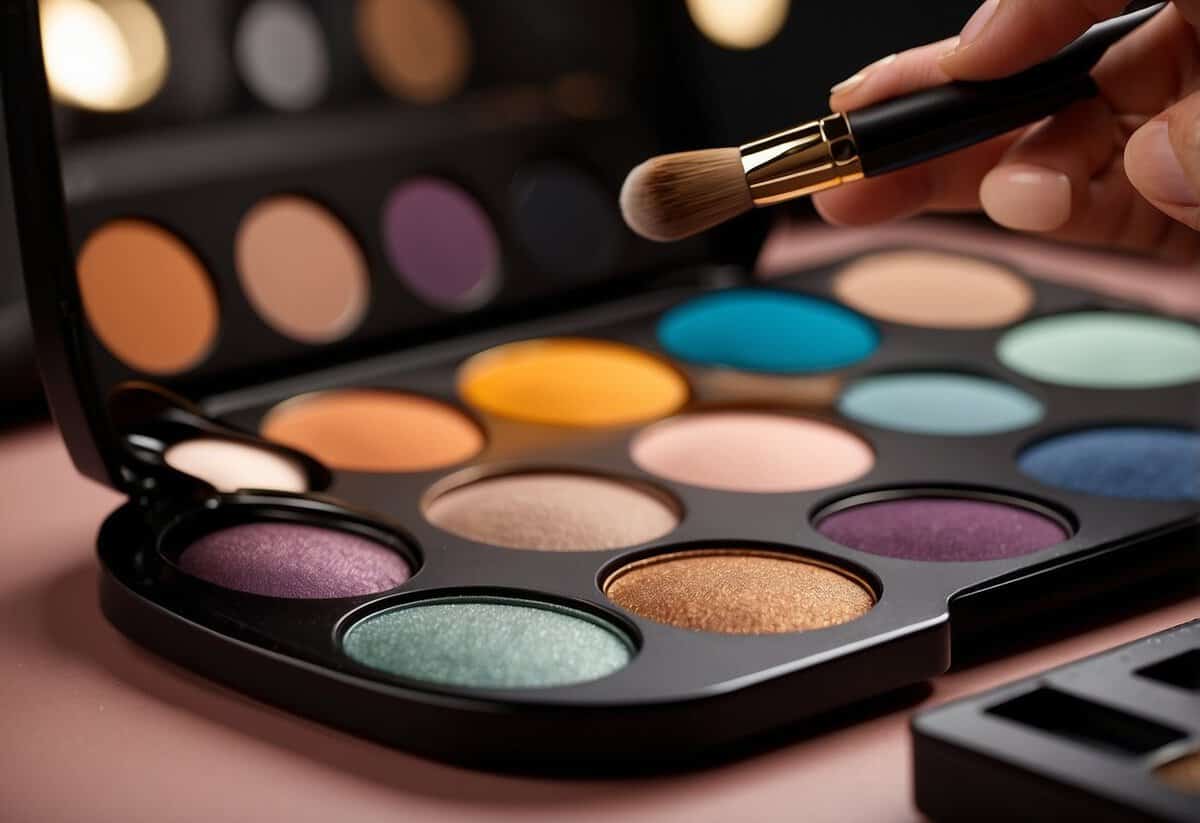 A hand holding an eyeshadow brush blending different shades on a palette, creating a seamless transition of colors