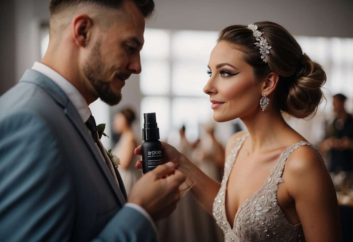 A makeup artist sprays setting spray over a wedding guest's finished makeup look