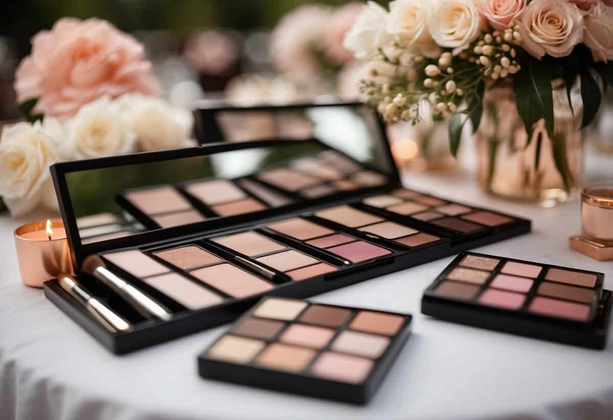 A table with various shades of natural blush makeup palettes and brushes arranged neatly for a wedding guest