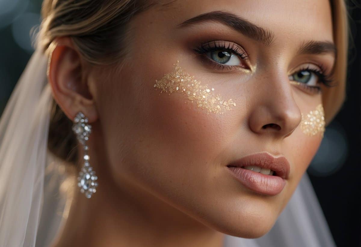 A woman's face with subtle highlighter makeup, ready for a wedding