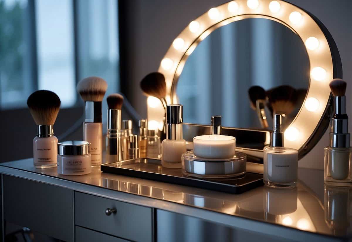 A table with skincare products and makeup brushes. A mirror reflects the products. Bright lighting highlights the scene