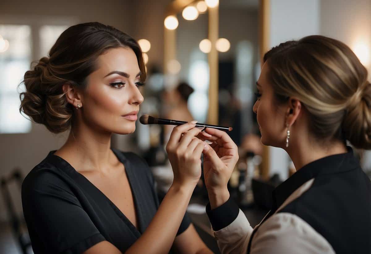 A makeup artist applies wedding guest makeup, using soft, natural tones and highlighting features for a radiant, camera-ready look