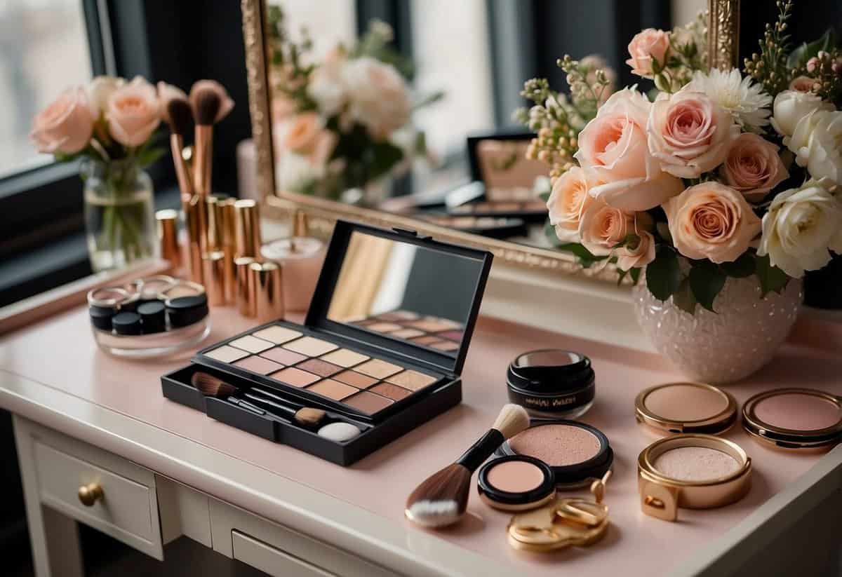 A makeup table with brushes, palettes, and a mirror. Soft, romantic colors and shimmering highlights. A wedding invitation and a floral hair accessory nearby