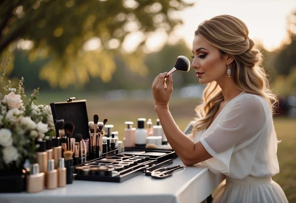 A makeup artist applies outdoor wedding makeup on a table with natural light and a scenic background
