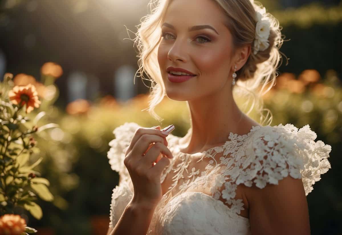 A bride applies long-lasting lipstick in a garden. The sun shines, casting a warm glow on her face. She smiles as she finishes her outdoor wedding makeup