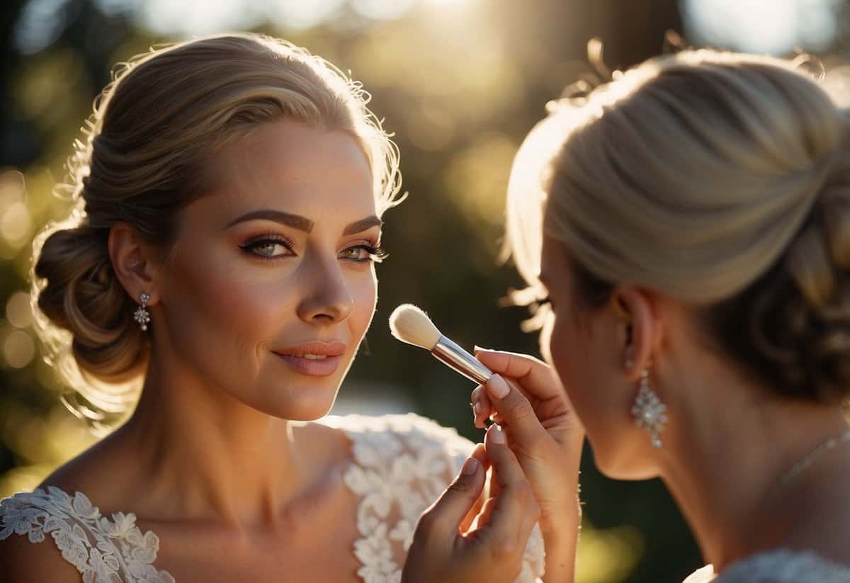 A bride sits outdoors, her face illuminated by soft sunlight as she applies airbrush foundation for her wedding makeup