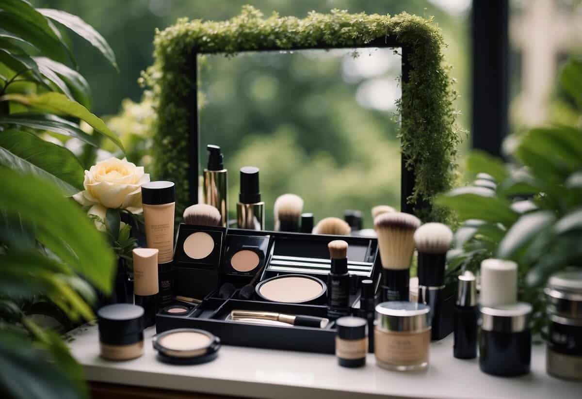 A bride's outdoor makeup station with mattifying primer, surrounded by lush greenery and natural light
